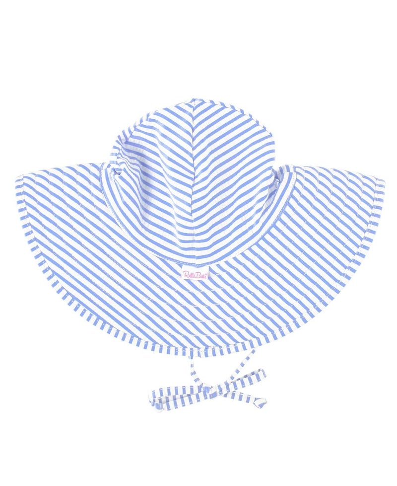 RuffleButtsÂ® Baby/Toddler Girls UPF 50+ Sun Protective Wide Brim Swimwear Sun Hat - Periwinkle Blue Seersucker, 0-12m - Image 1